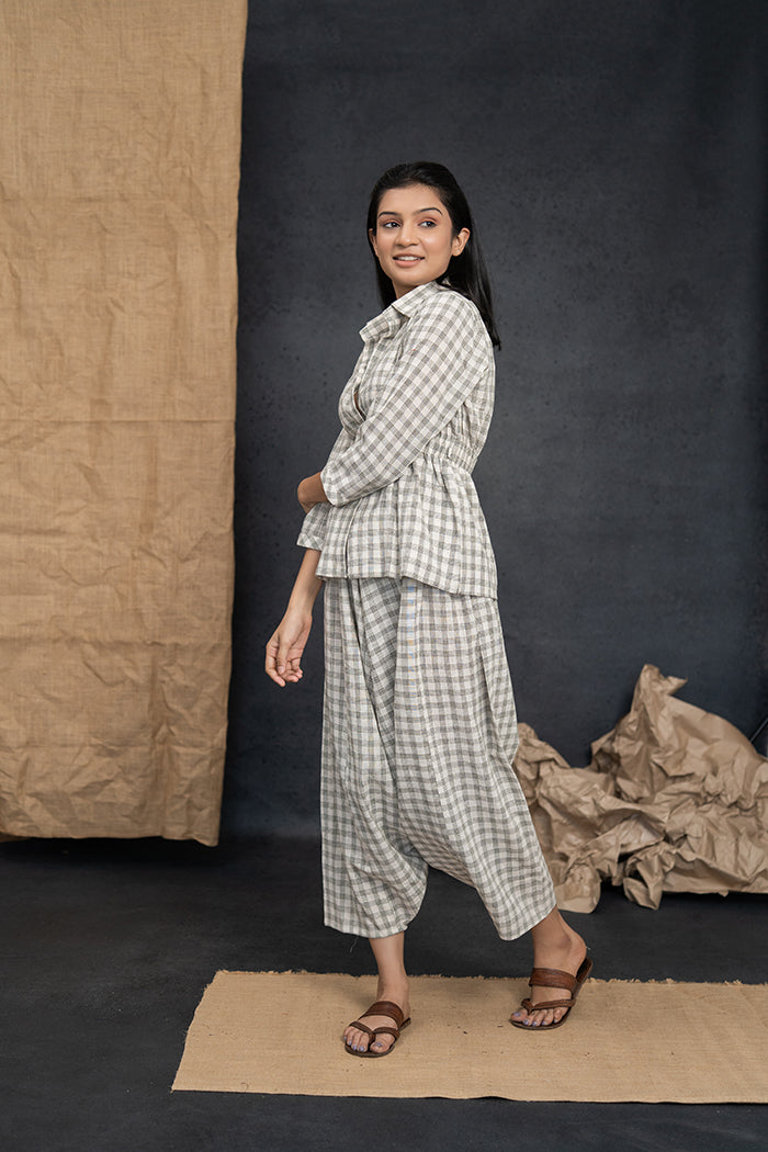 Handwoven Kala Cotton Olive Green Checkered Dhoti Set