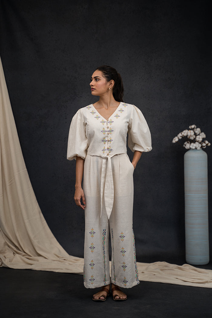 Handwoven Kala Cotton Puff Sleeve Soof Embroidery Co-ord Set