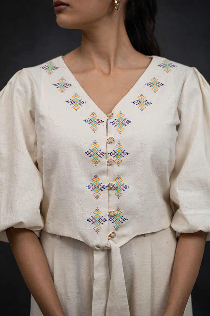 Handwoven Kala Cotton Puff Sleeve Soof Embroidery Co-ord Set