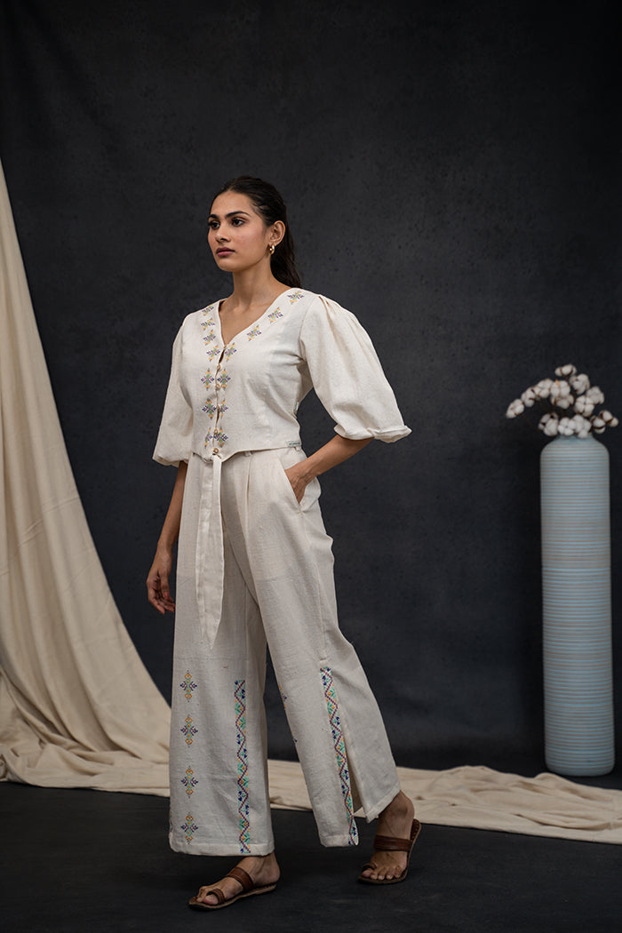 Handwoven Kala Cotton Puff Sleeve Soof Embroidery Co-ord Set