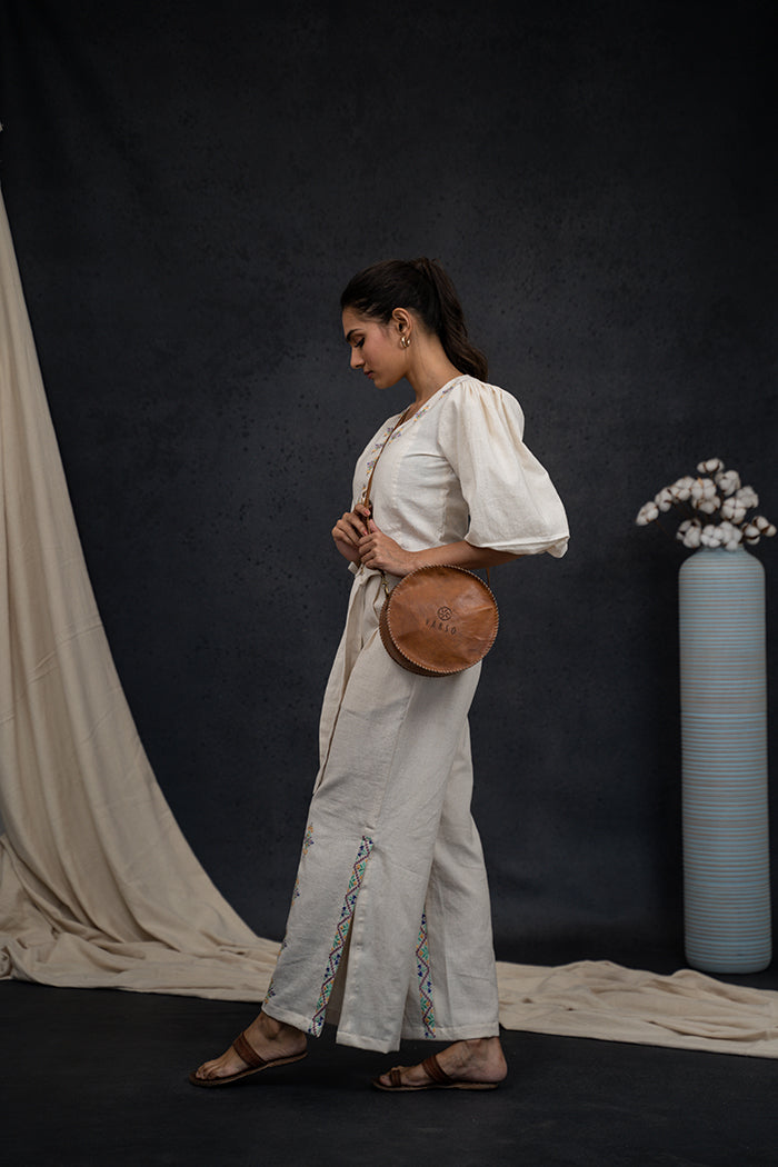 Handwoven Kala Cotton Puff Sleeve Soof Embroidery Co-ord Set