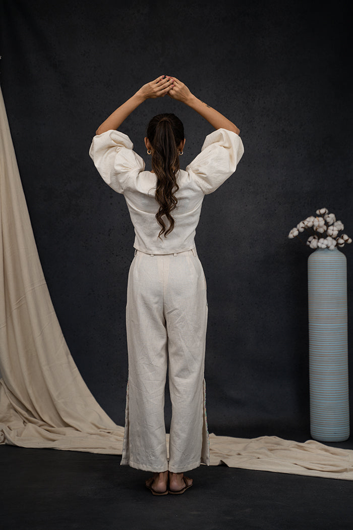 Handwoven Kala Cotton Puff Sleeve Soof Embroidery Co-ord Set