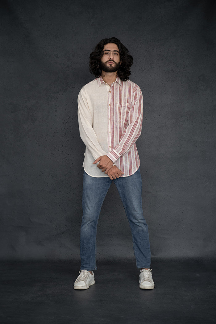 Handwoven Kala Cotton Red Natural Dyed Striped Shirt