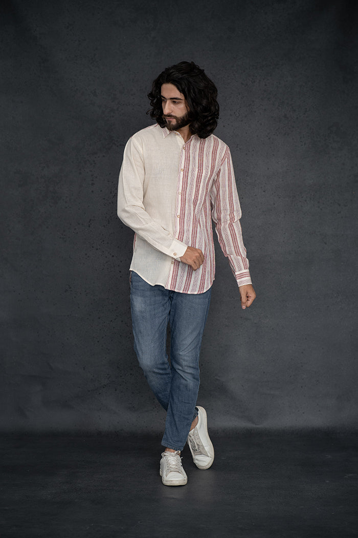 Handwoven Kala Cotton Red Natural Dyed Striped Shirt