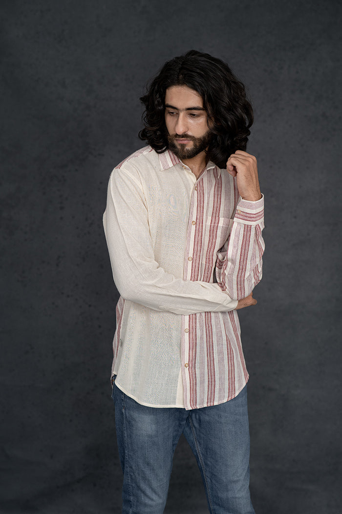 Handwoven Kala Cotton Red Natural Dyed Striped Shirt