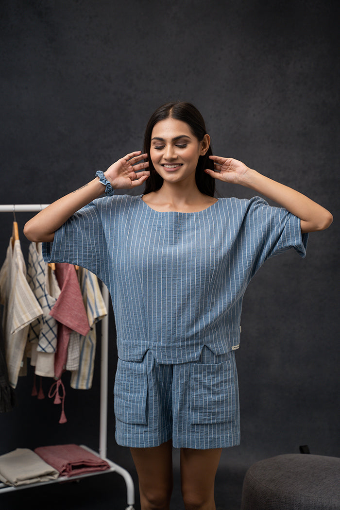 Handwoven Kala Cotton Slight Boat Neck Loungewear Set