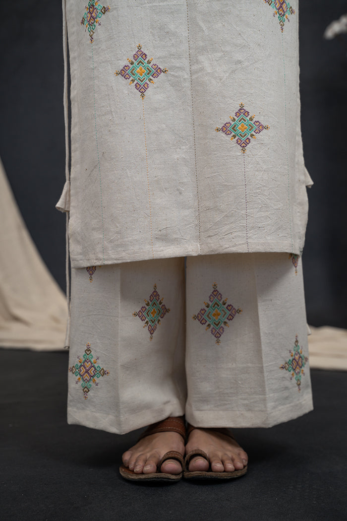 Handwoven Kala Cotton Square Neck Soof Embroidery Co-ord Set