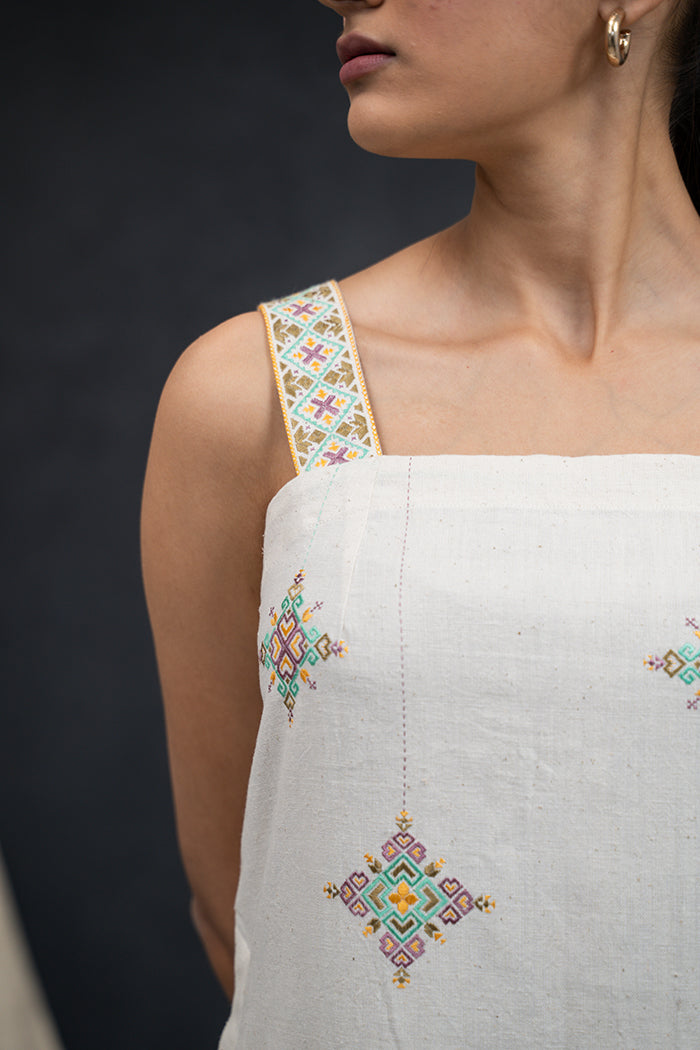 Handwoven Kala Cotton Square Neck Soof Embroidery Co-ord Set