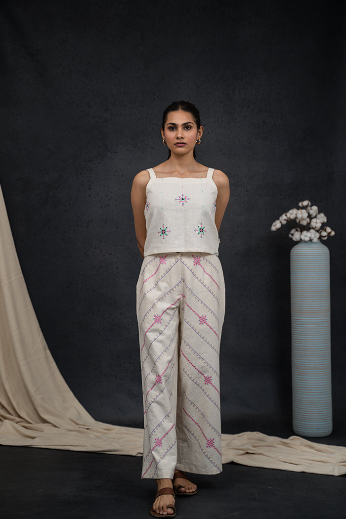 Handwoven Kala Cotton Square Neck Striped Soof Embroidery Co-ord Set