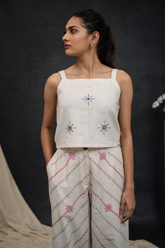 Handwoven Kala Cotton Square Neck Striped Soof Embroidery Co-ord Set