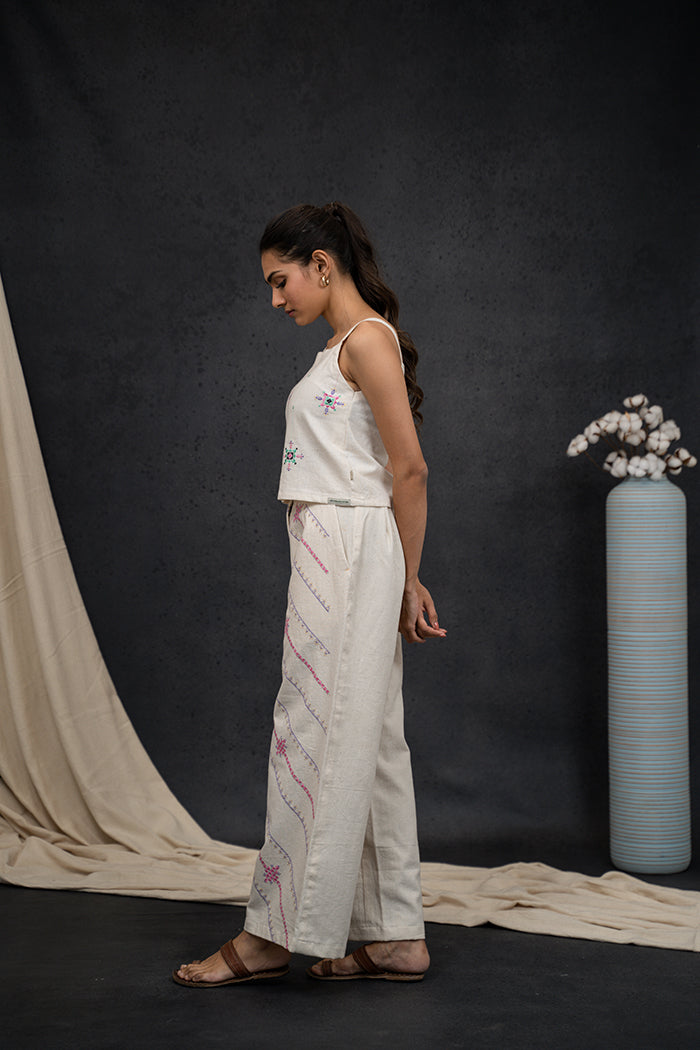 Handwoven Kala Cotton Square Neck Striped Soof Embroidery Co-ord Set