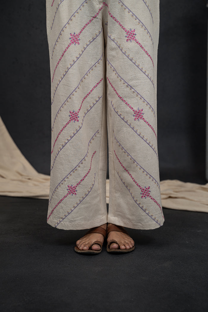 Handwoven Kala Cotton Square Neck Striped Soof Embroidery Co-ord Set