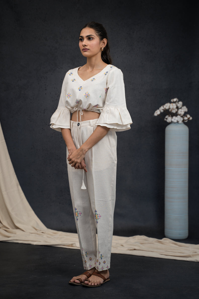 Handwoven Kala Cotton V-Neck Soof Embroidery Co-ord Set