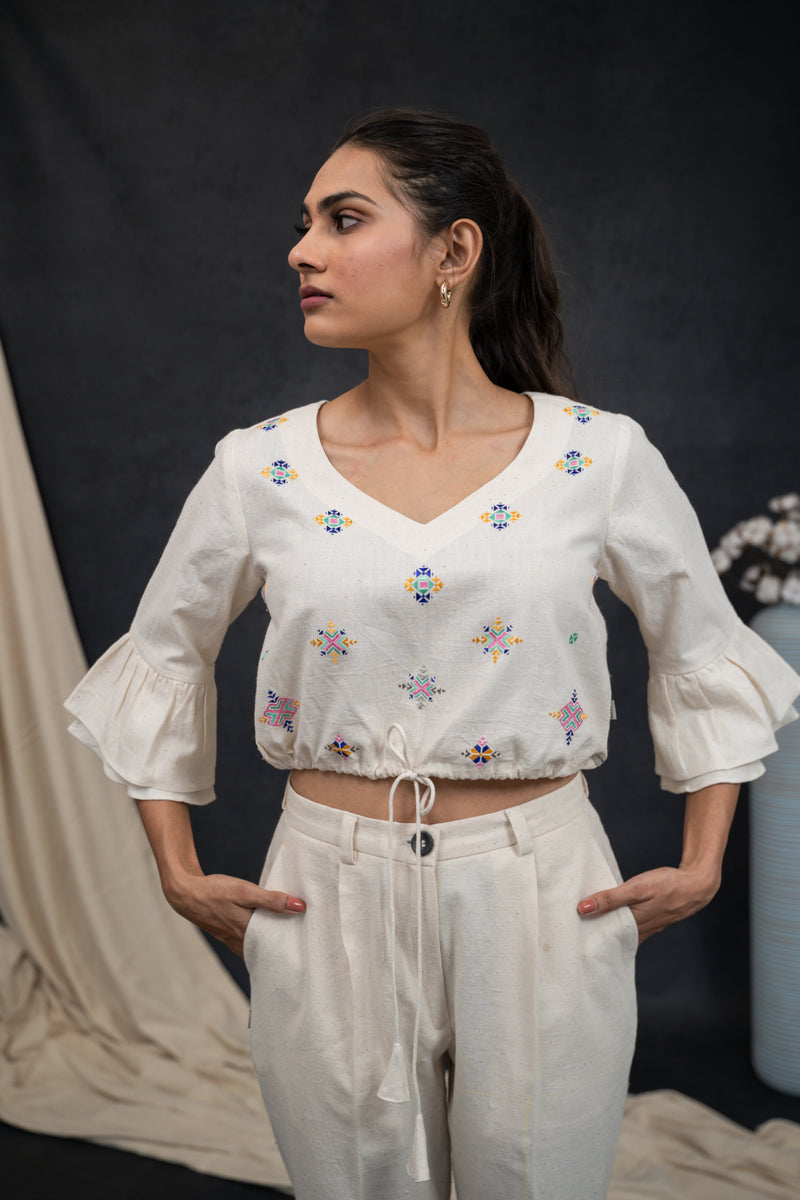 Handwoven Kala Cotton V-Neck Soof Embroidery Co-ord Set