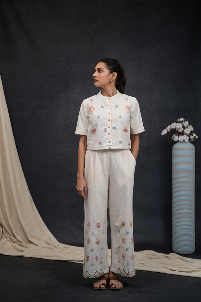 Handwoven Kala Cotton Van Collar Soof Embroidery Co-ord Set