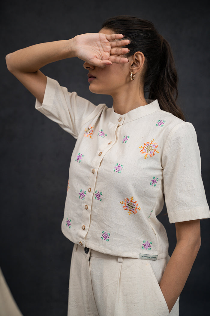 Handwoven Kala Cotton Van Collar Soof Embroidery Co-ord Set