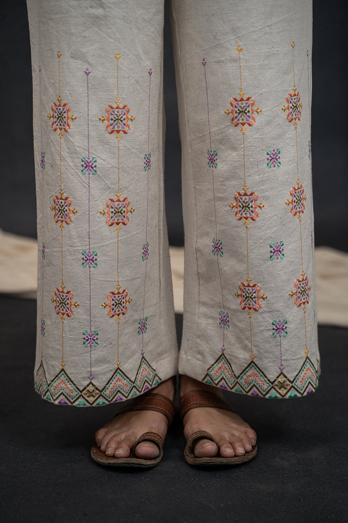 Handwoven Kala Cotton Van Collar Soof Embroidery Co-ord Set