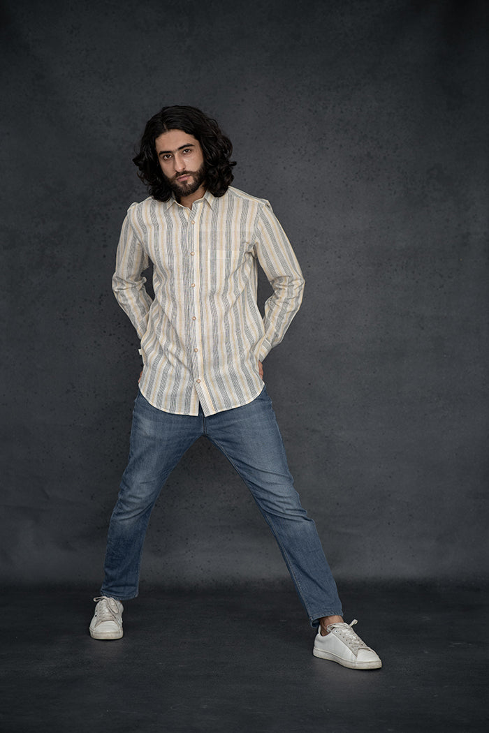 Handwoven Kala Cotton Yellow and Black Natural Dyed Striped Shirt