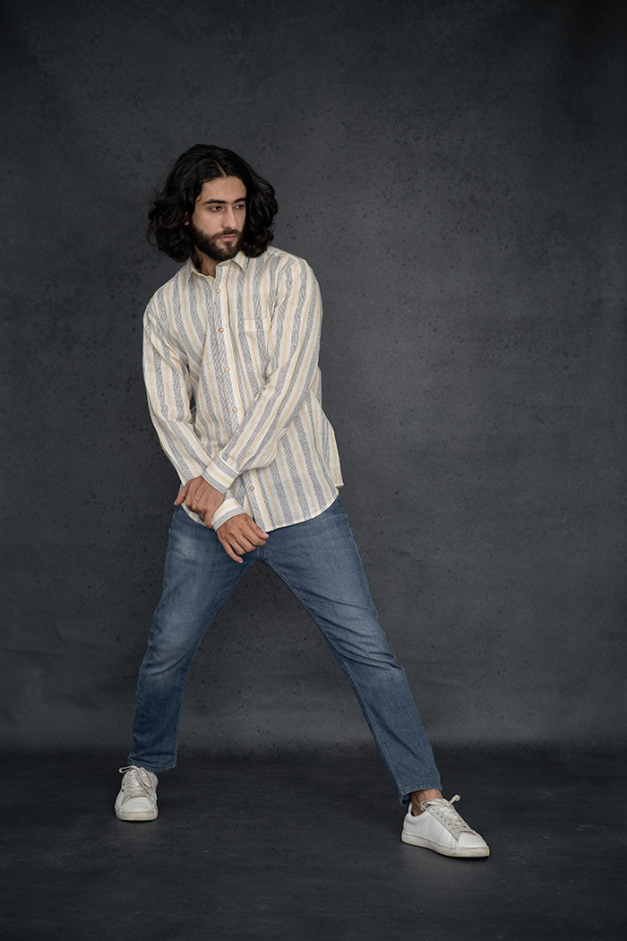 Handwoven Kala Cotton Yellow and Black Natural Dyed Striped Shirt