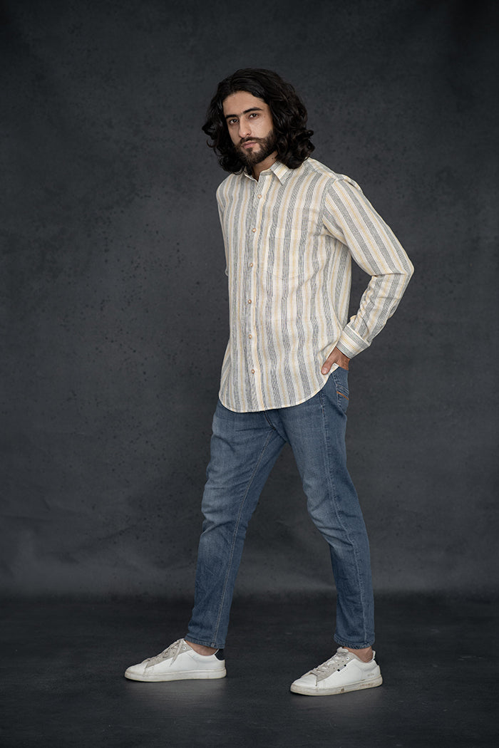 Handwoven Kala Cotton Yellow and Black Natural Dyed Striped Shirt