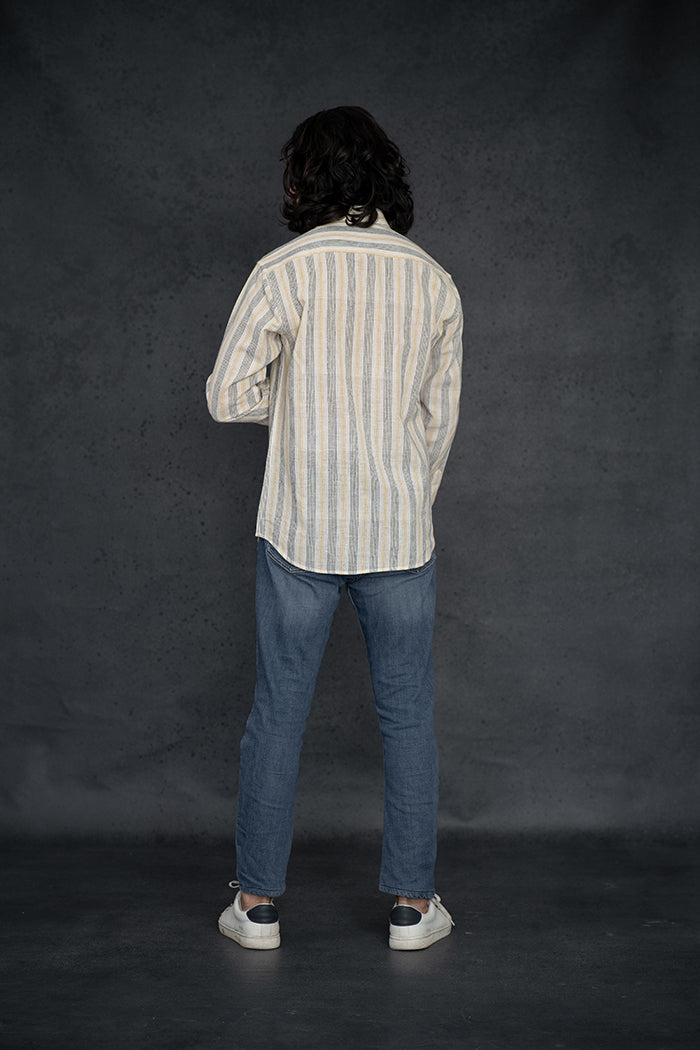 Handwoven Kala Cotton Yellow and Black Natural Dyed Striped Shirt