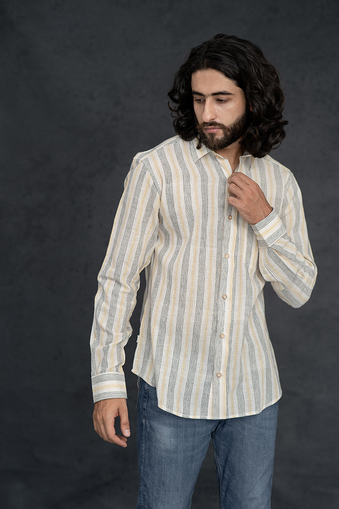 Handwoven Kala Cotton Yellow and Black Natural Dyed Striped Shirt