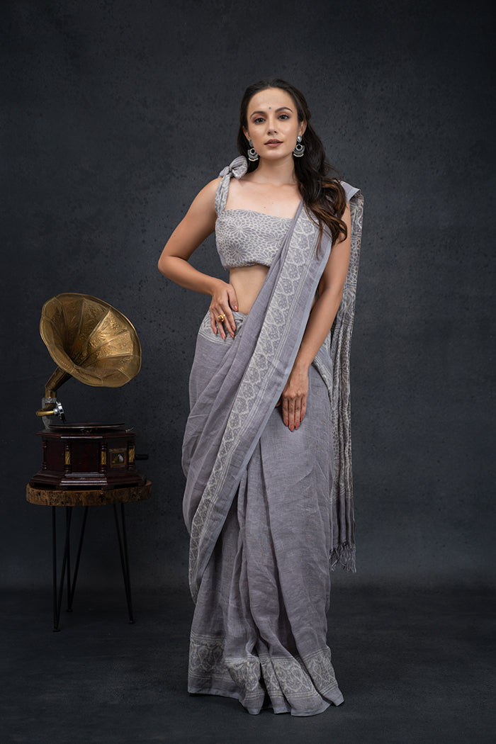 Linen Ajrakh Hand Block Printed Grey Lavender Saree