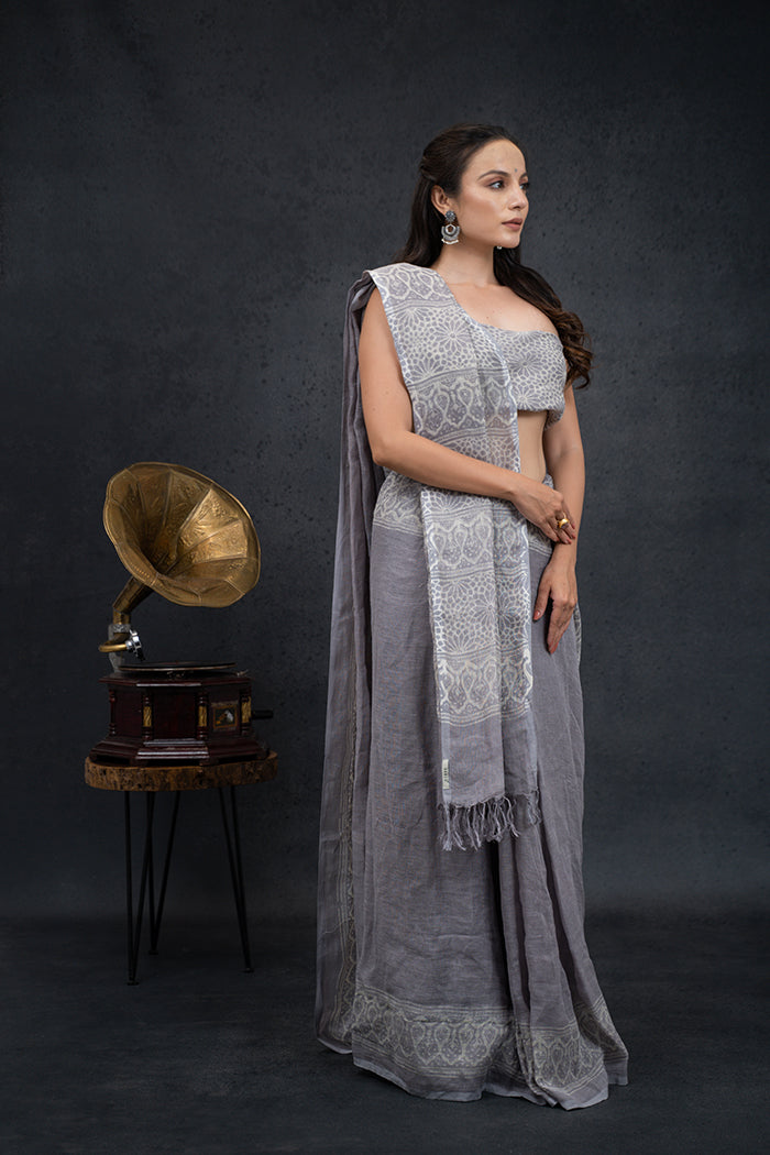 Linen Ajrakh Hand Block Printed Grey Lavender Saree