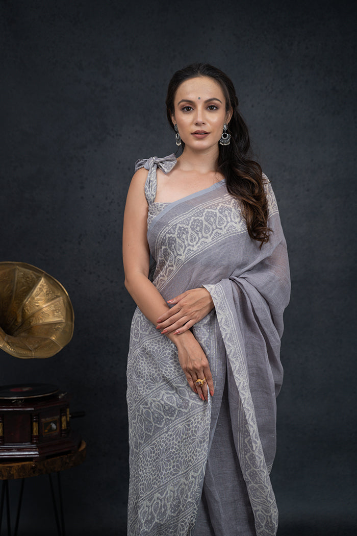 Linen Ajrakh Hand Block Printed Grey Lavender Saree