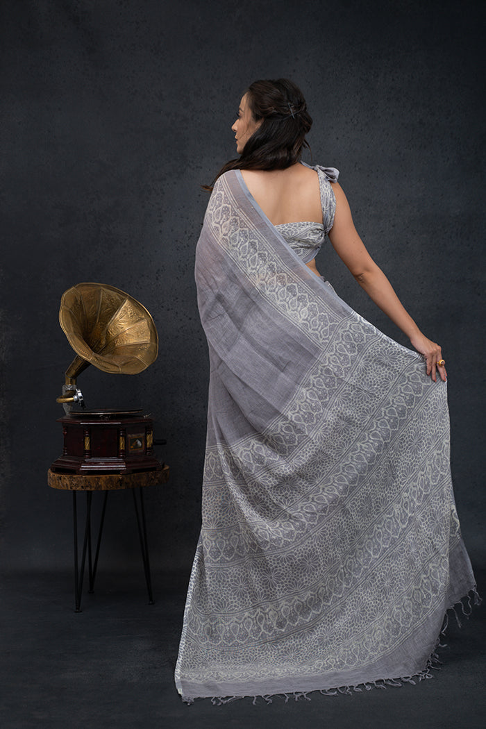 Linen Ajrakh Hand Block Printed Grey Lavender Saree