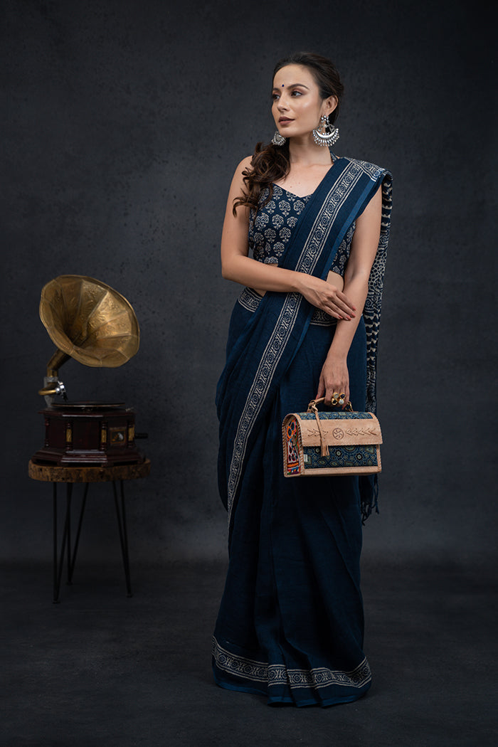 Linen Ajrakh Hand Block Printed Indigo Saree