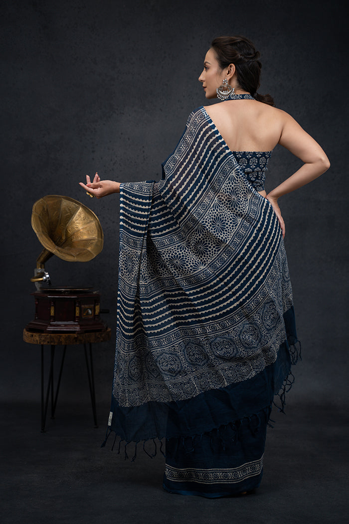 Linen Ajrakh Hand Block Printed Indigo Saree