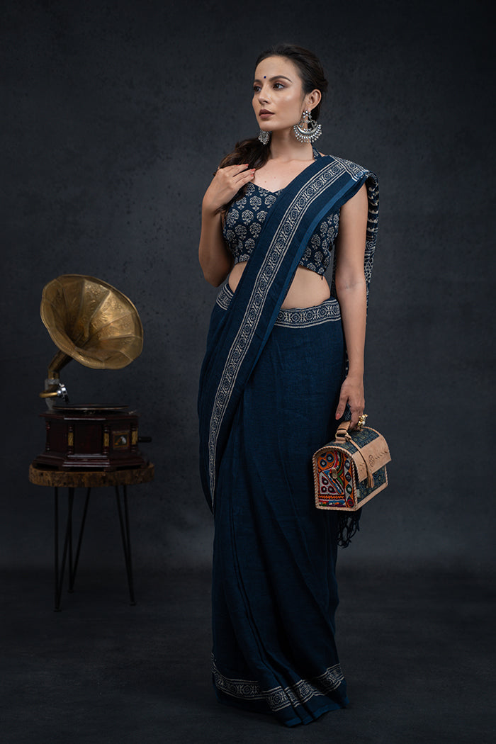 Linen Ajrakh Hand Block Printed Indigo Saree