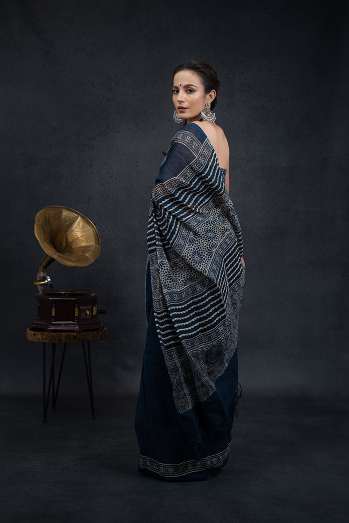 Linen Ajrakh Hand Block Printed Indigo Saree