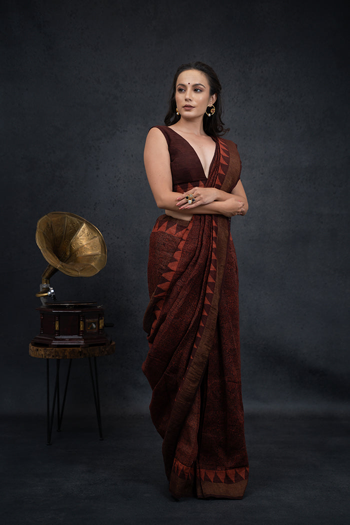 Linen Silk Ajrakh Hand Block Printed Dark Brown Natural Dyed Saree