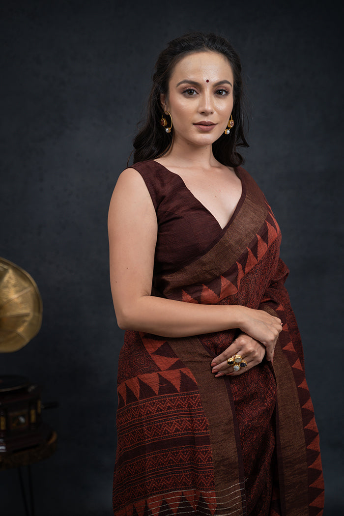 Linen Silk Ajrakh Hand Block Printed Dark Brown Natural Dyed Saree