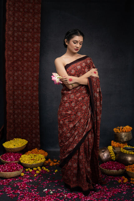 Ajrakh X Kala Cotton Floral Motif Red Saree