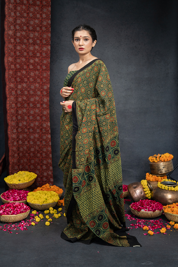 Ajrakh X Kala Cotton Geometric Motif Green Saree - Varso