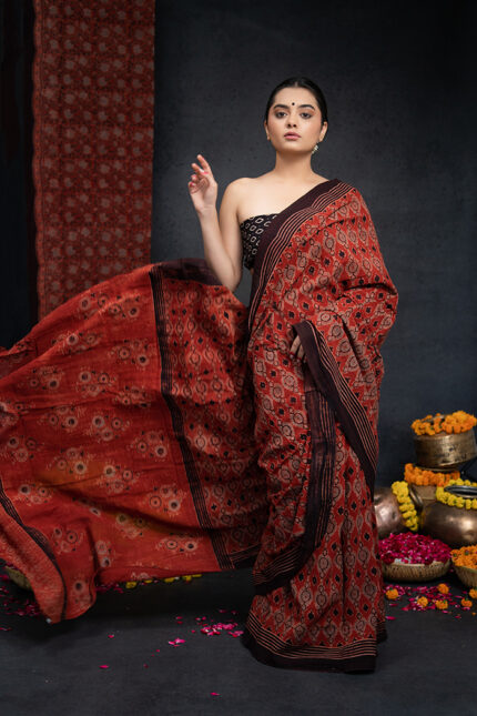 Ajrakh X Kala Cotton Oval Motif Red Saree