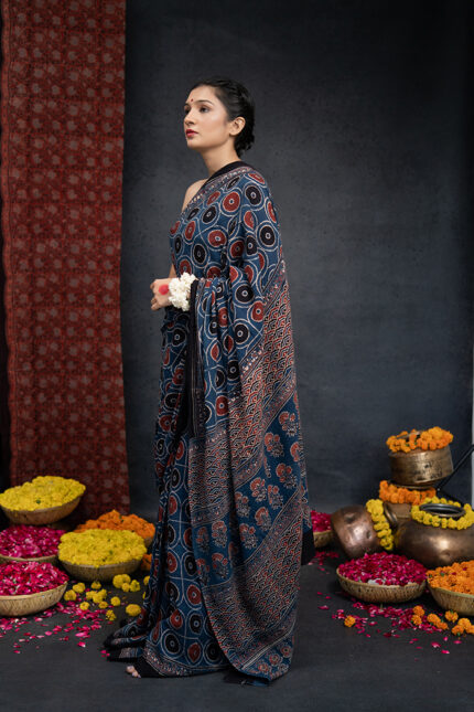 Ajrakh X Kala Cotton Round Motif Indigo Saree