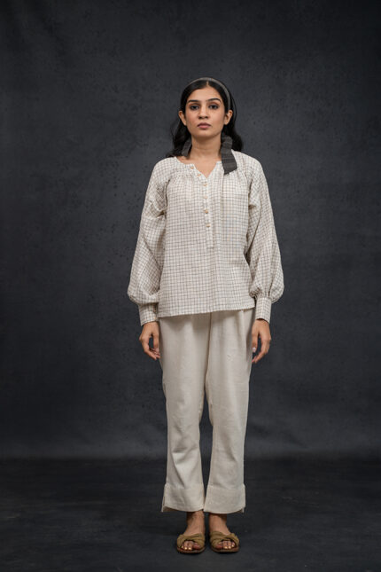 Handwoven Kala Cotton Natural Dyed Gathered Sleeve Shirt