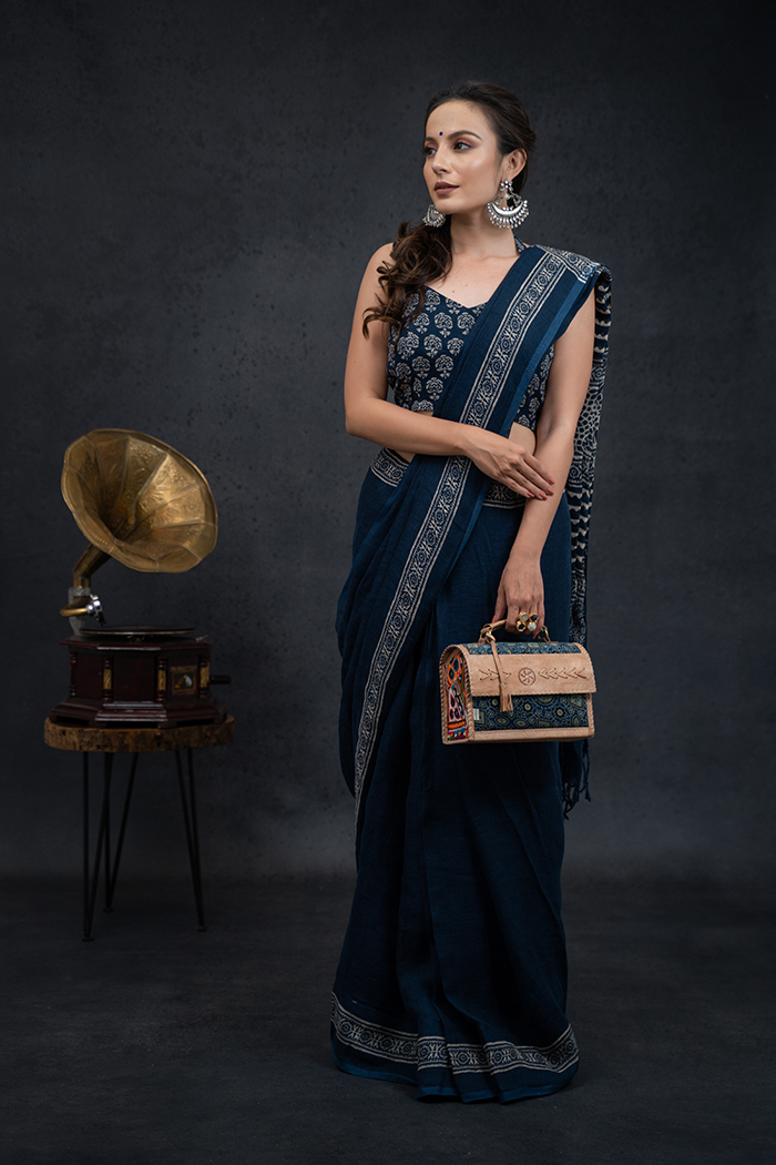 Buy Indigo Phooli Linen Saree by ANAVILA at Ogaan Online Shopping Site