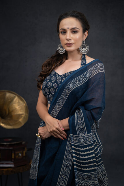 Linen Ajrakh Hand Block Printed Indigo Saree